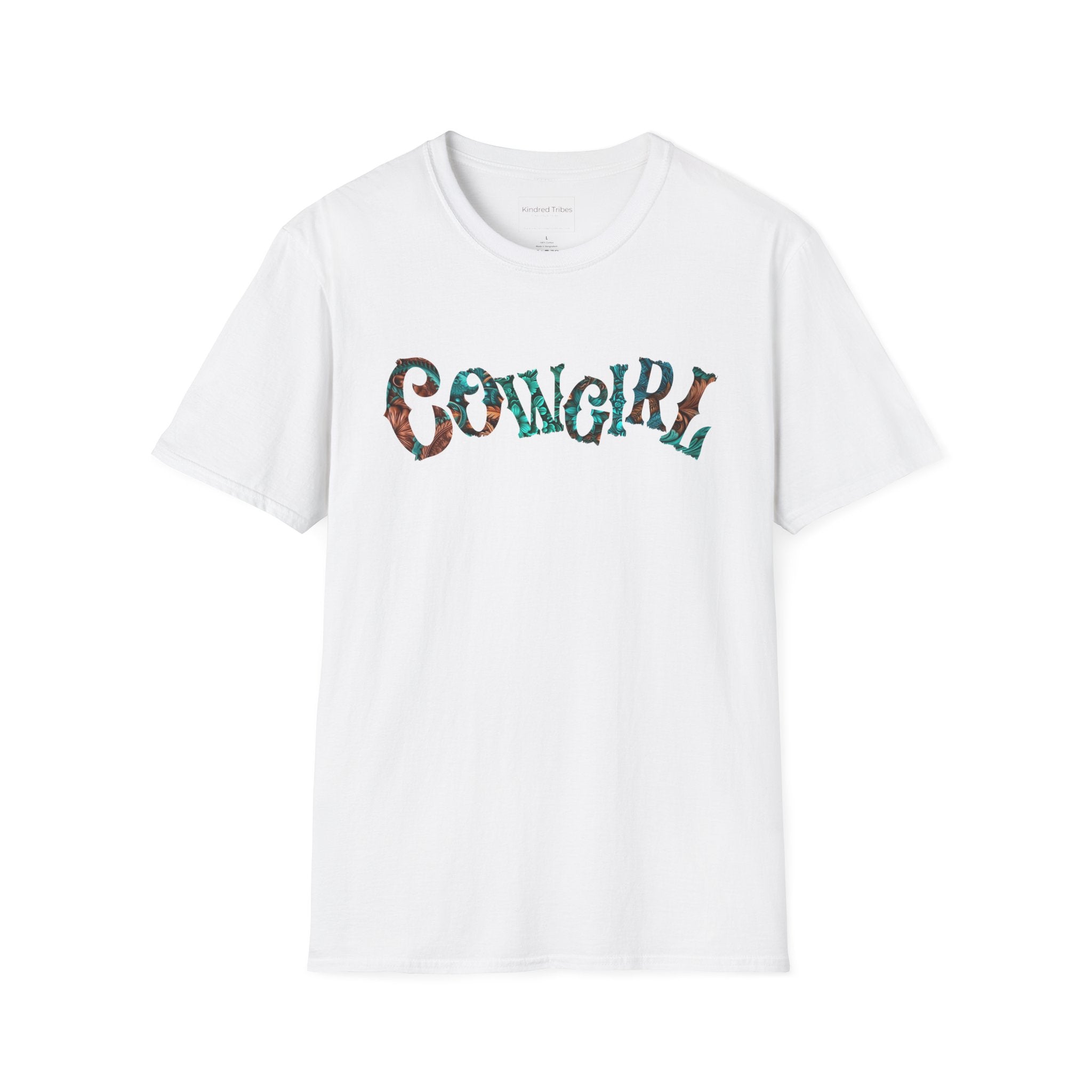 White graphic t-shirt with 'COWGIRL'  text in colorful leather tooled letters.