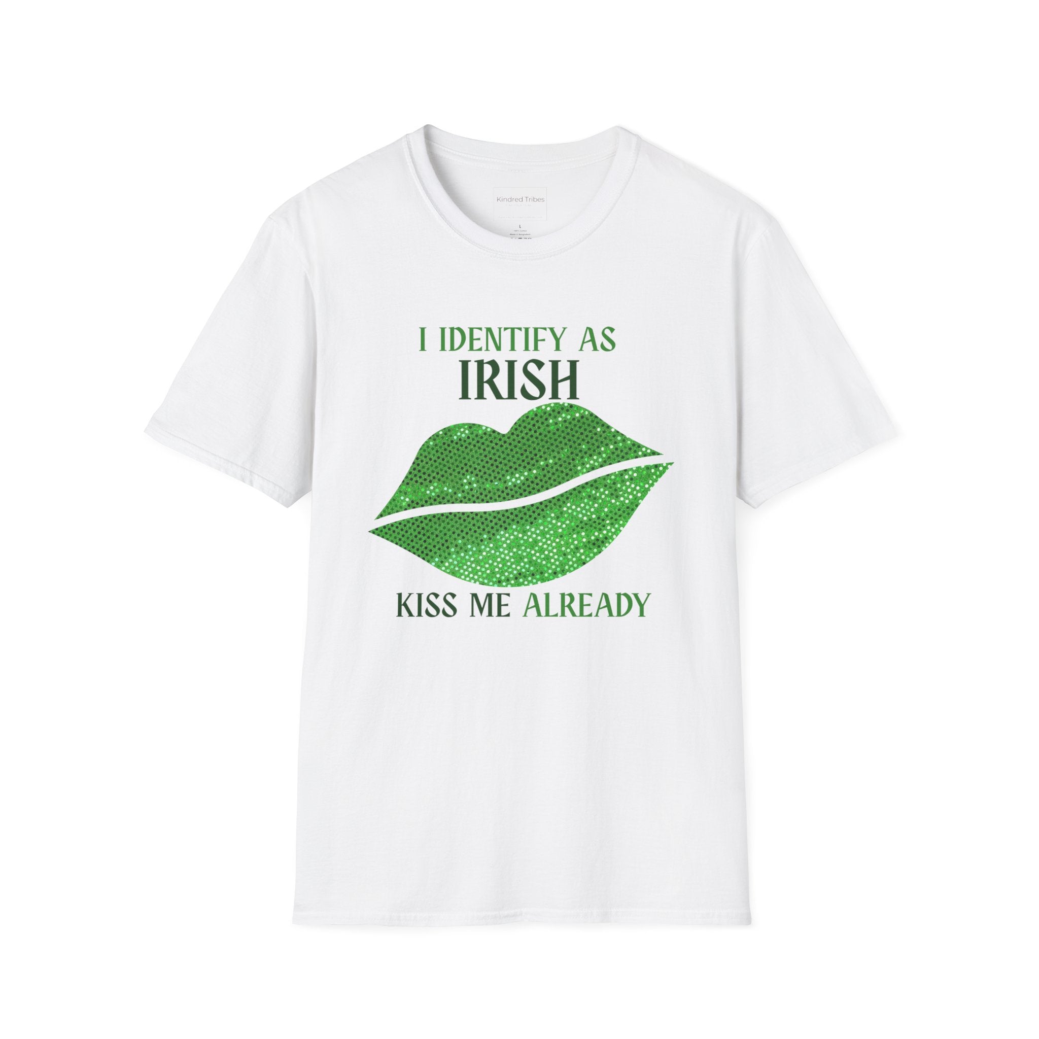 A white Identify As Irish T-Shirt featuring the text 'I IDENTIFY AS IRISH' in bold green celtic letters at the top. Below the text is a large pair of lips filled with a sparkling, vibrant green sequin-effect pattern. At the bottom, the phrase 'KISS ME ALREADY' is printed in a matching green font. 