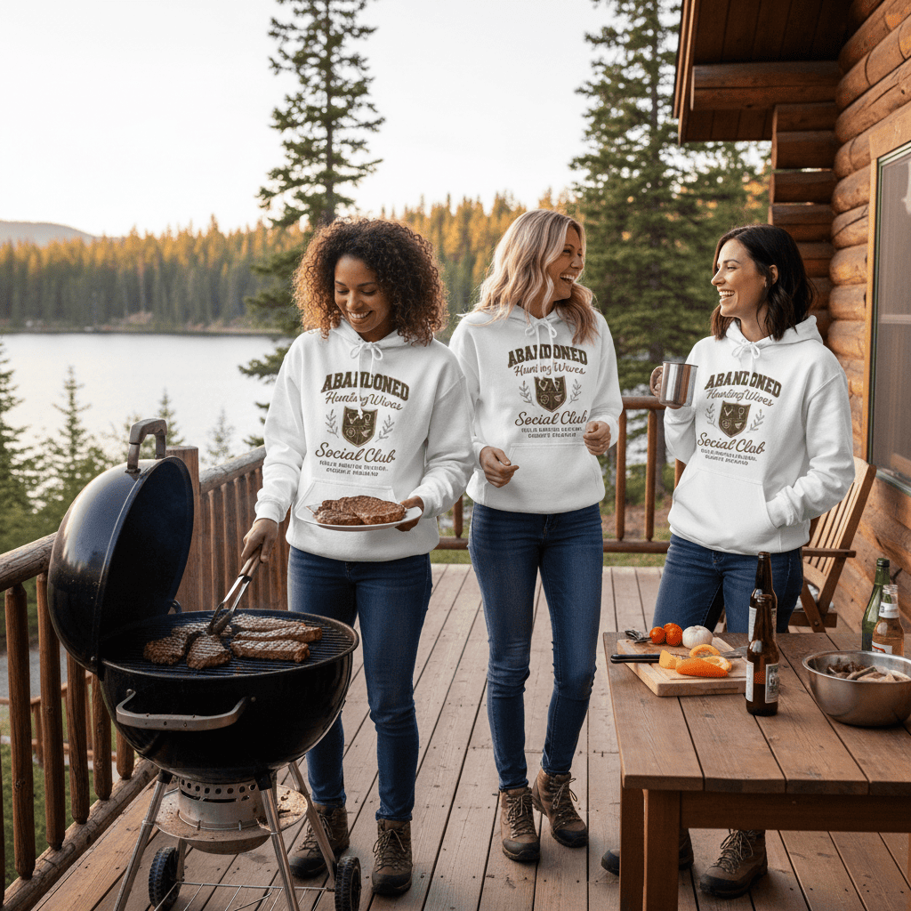 White | Unisex | Lifestyle | Abandoned Hunting Wives Social Club Hoodie | The Official Hunting Wives Uniform