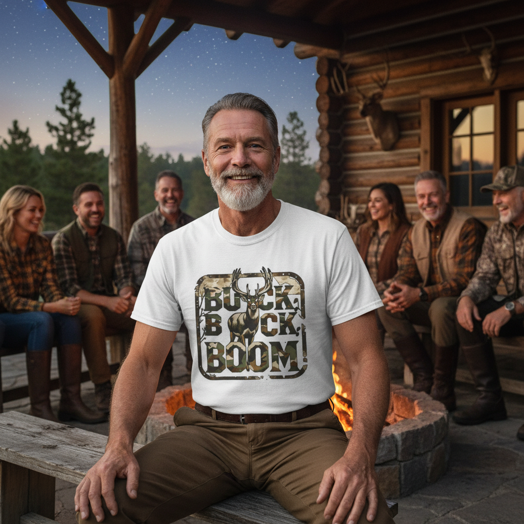 White | Unisex | Lifestyle | Buck Buck Boom! Camo Deer Hunting T-Shirt | Gift for Hunter