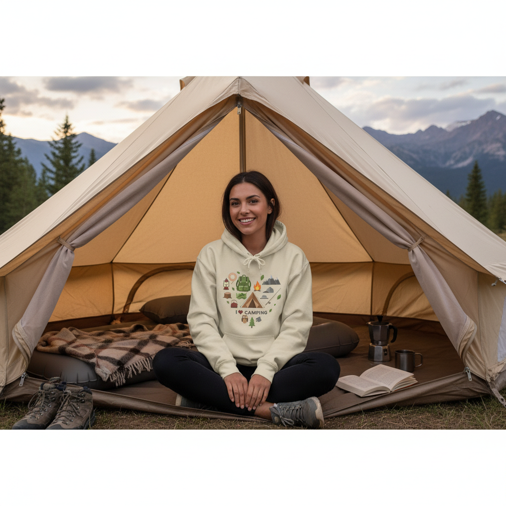 Woman wearing Camping Icons Hoodie with heart-shaped camping graphic, sitting inside a tent in the mountains