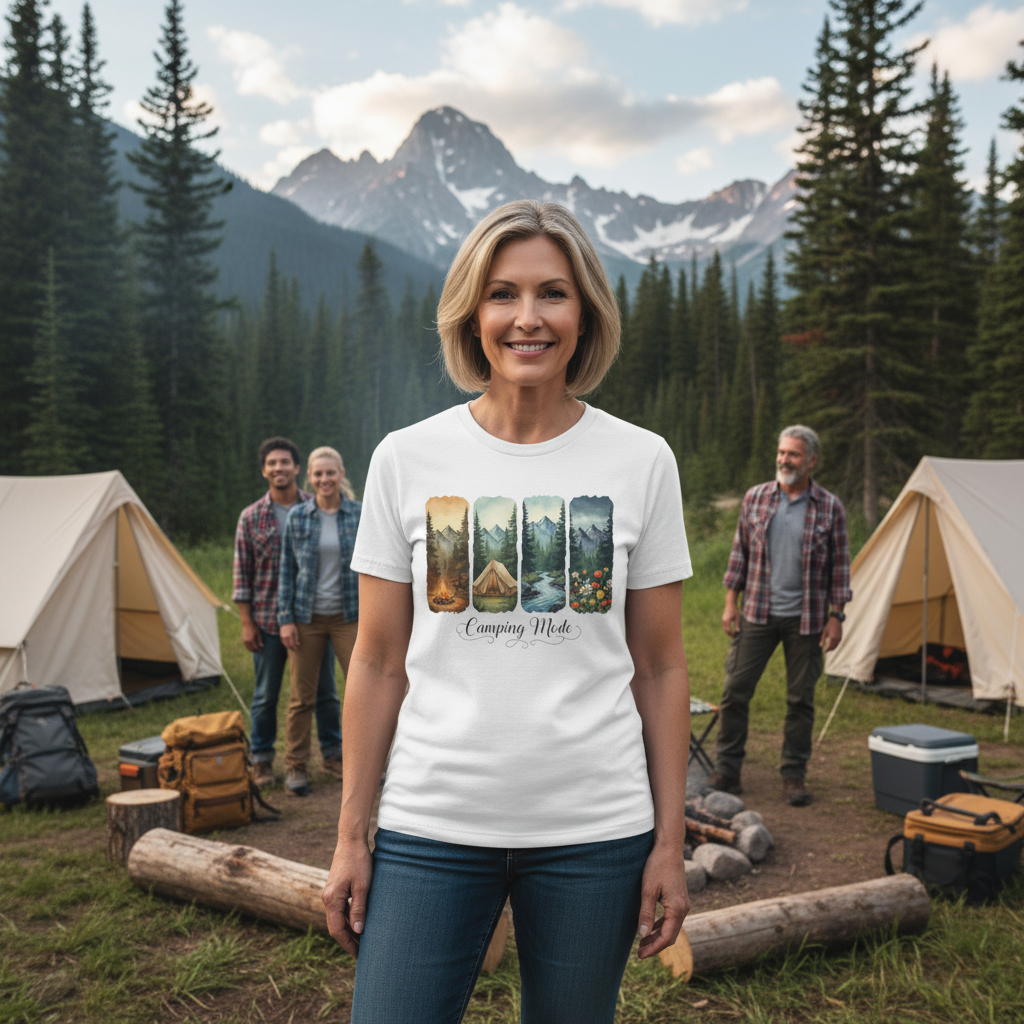 White | Unisex | Lifestyle | Camping Mode T-Shirt - Scenic Tent Campfire Nature