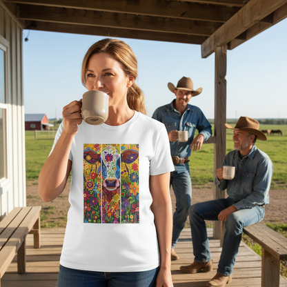 White | Unisex | Lifestyle | Colorful Floral Cow T-Shirt - Vibrant Folk Art Farm Animal Tee