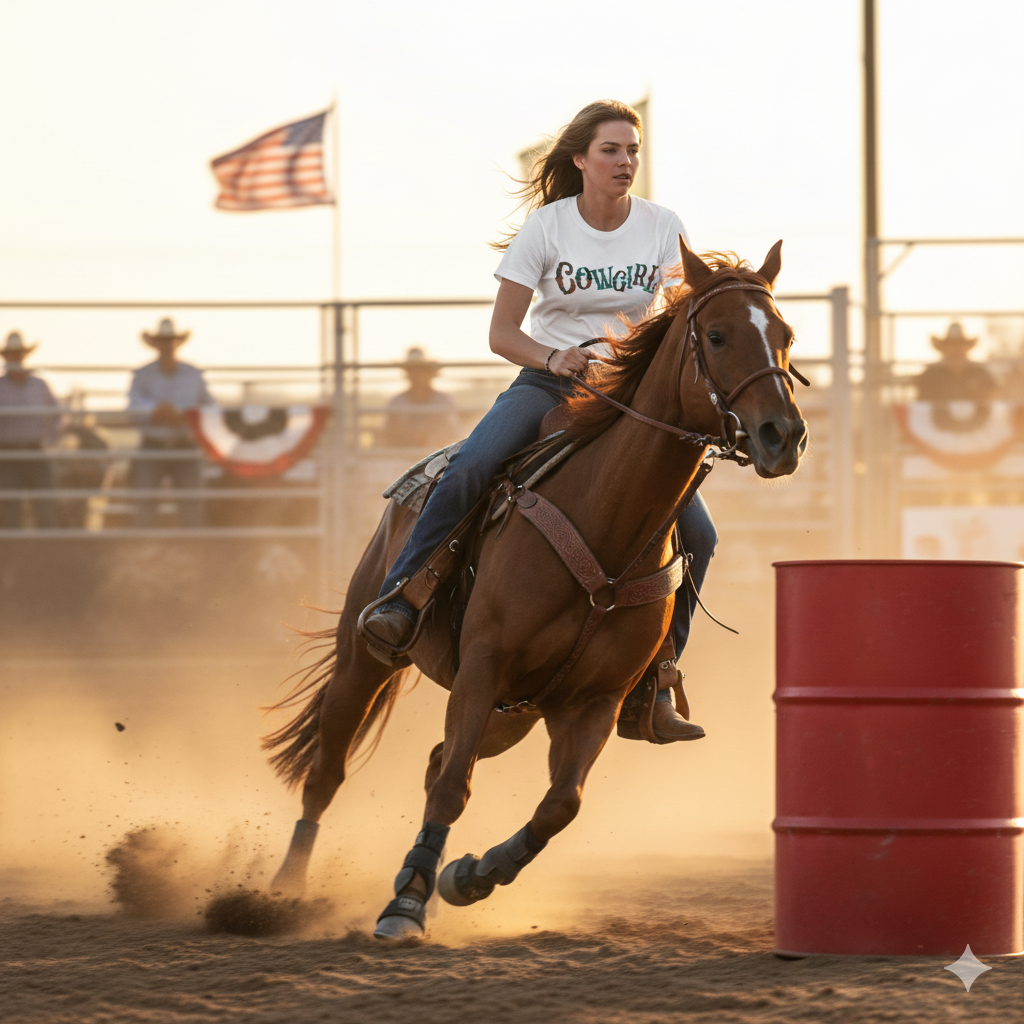 Woman riding a horse in a barrel racing competition wearing a white t-shirt with 'COWGIRL' text in colorful letters that look like tooled leather.