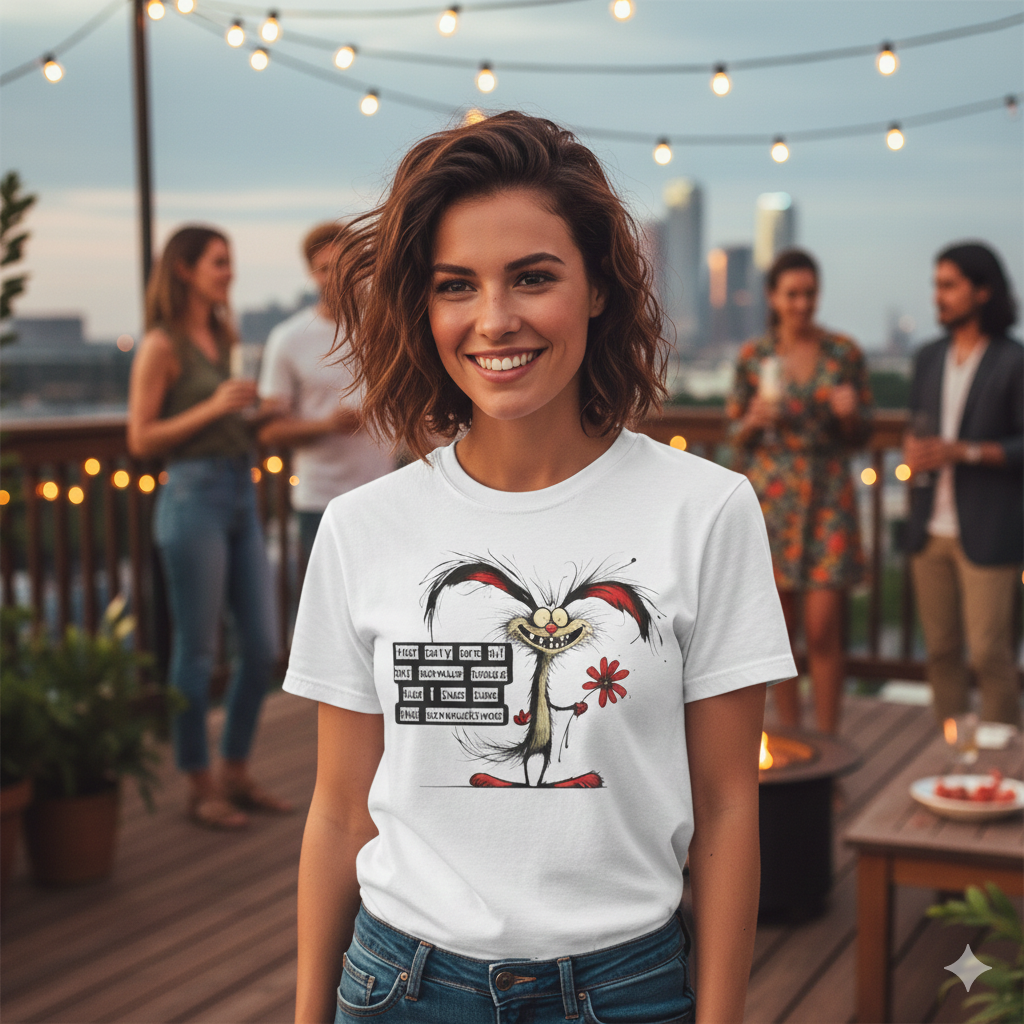 A woman in her 20's at a rooftop party wearing the white unisex Loose Screws t-shirt featuring a whimsical, chaotic cartoon character with frayed black hair, red-tipped ears, and a wide, toothy grin. The character has large, wide eyes and is holding a single red flower in one hand. To the left of the character, a black text box with white, typewriter-style lettering reads: "Not only are all my screws loose but I just lost the screwdriver." The shirt is shown flat against a white background.