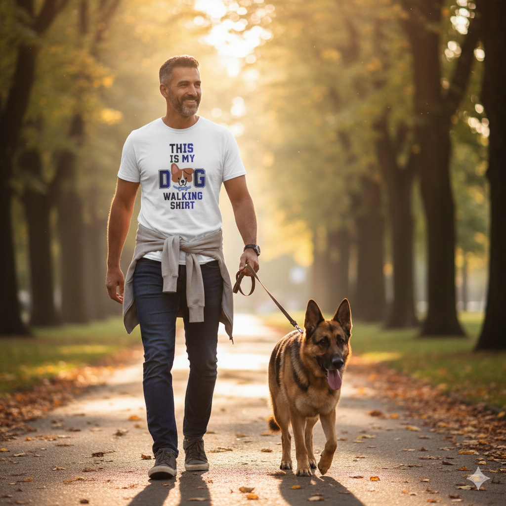 Man walking a German Shepard in a park with a humorous t-shirt with a cute graphic dog and the text 'This Is My Dog Walking Shirt'.
