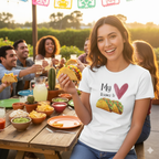 Woman wearing the White T-Shirt bearing the "My Heart Belongs To Tacos" sentiment where the word heart is replaced with a watercolored heart and the word tacos is replaced with two tacos.  
