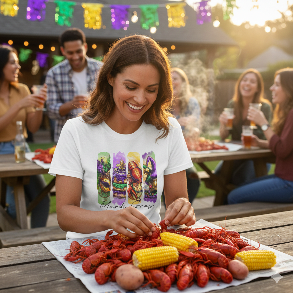 Woman eating boiled crawfish in a casual outdoor setting wearing The Ultimate Mardi Tee in white featuring a four-panel vertical graphic celebrating Mardi Gras. The panels, from left to right, depict an ornate golden masquerade mask on a green background, a purple-iced King Cake with a fleur-de-lis on a purple background, a vibrant red crawfish on a yellow background, and a jester's hat with colorful beads on a purple background. Below the panels, 'Mardi Gras' is written in elegant black script.