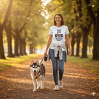 Woman walking a Husky in a park with a humorous t-shirt with a cute graphic dog and the text 'This Is My Dog Walking Shirt'.