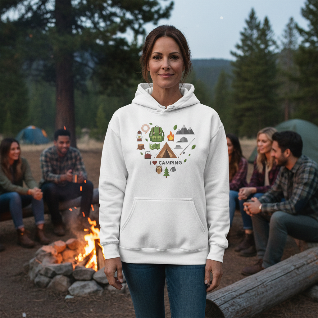 Woman wearing white Camping Icons Hoodie with heart-shaped camping gear graphic at outdoor campfire gathering