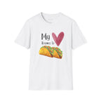 White T-Shirt bearing the "My Heart Belongs To Tacos" sentiment where the word heart is replaced with a watercolored heart and tacos is replaced with two tacos.  
