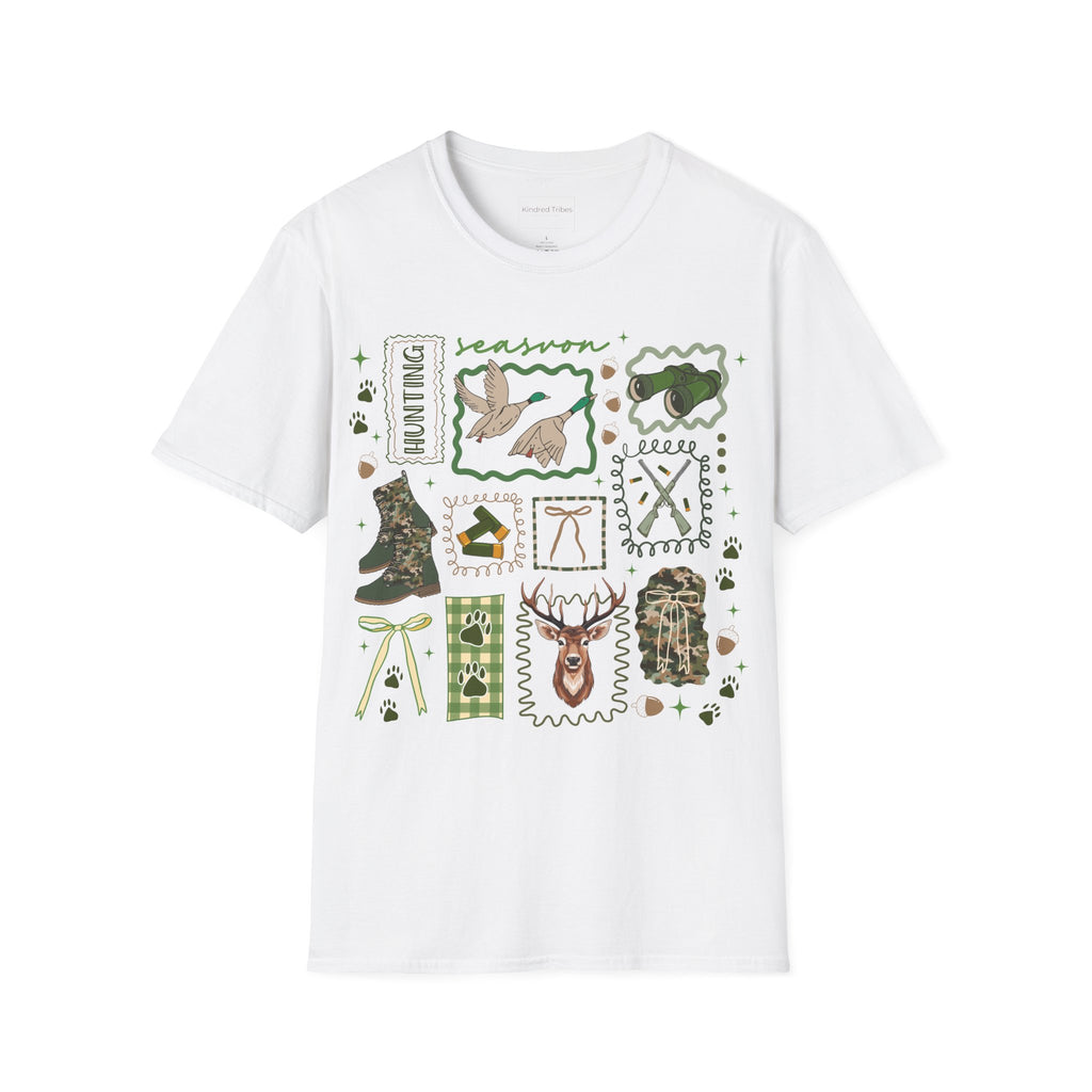 White | Unisex | Outdoor Adventure Patchwork T-Shirt - Hunting Icons | Gift for Her