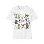 White | Unisex | Outdoor Adventure Patchwork T-Shirt - Hunting Icons | Gift for Her
