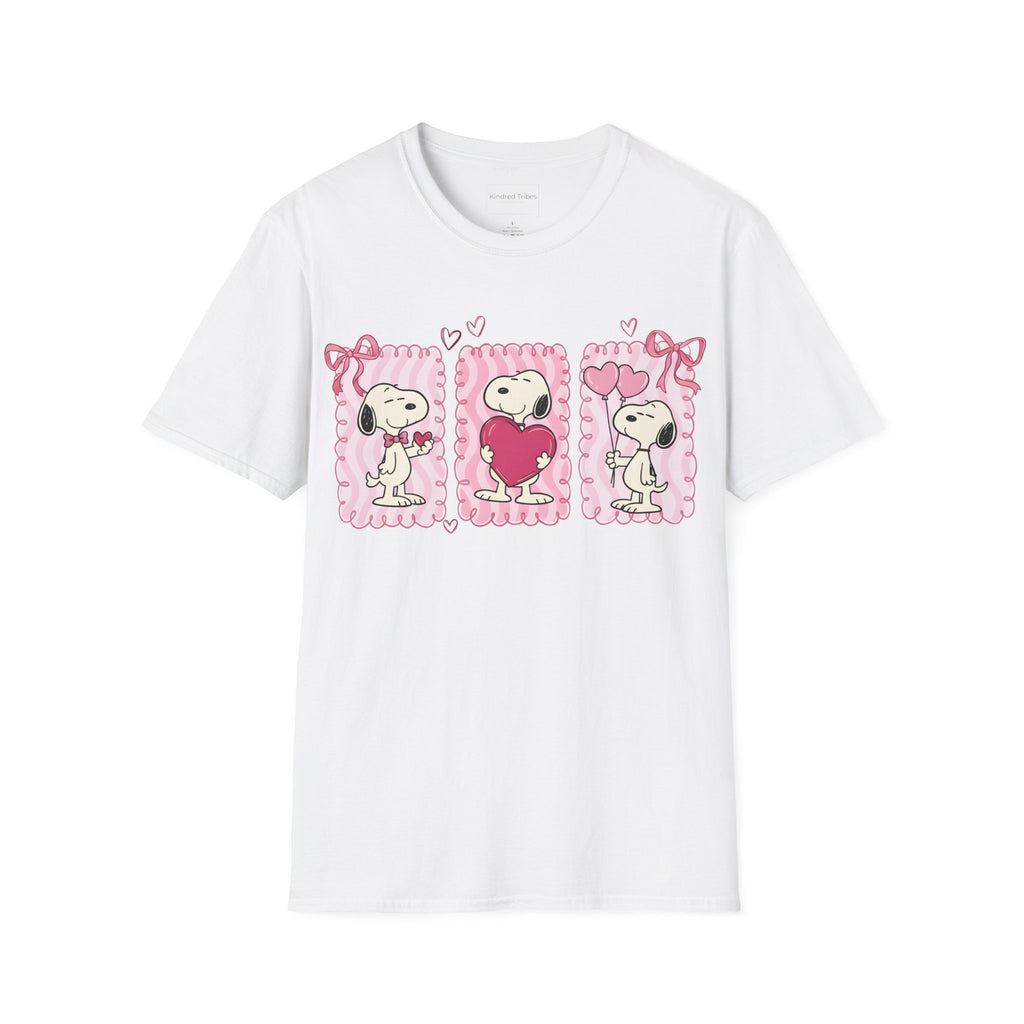 White T-shirt with three distinct panels of Snoopy—sharing a small heart, hugging a giant one, and holding heart-shaped balloons—this tee is a playful celebration of friendship, affection, and the "Puppy Love" spirit.