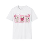 White T-shirt with three distinct panels of Snoopy—sharing a small heart, hugging a giant one, and holding heart-shaped balloons—this tee is a playful celebration of friendship, affection, and the "Puppy Love" spirit.