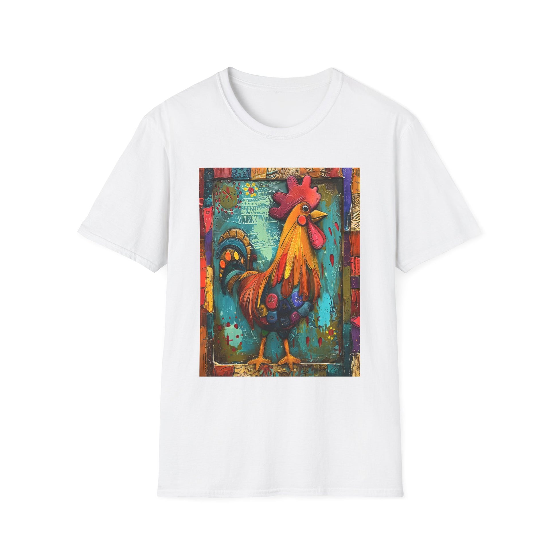 White | Unisex | Rooster Farmhouse T-Shirt - Colorful Rustic Rooster Art Tee