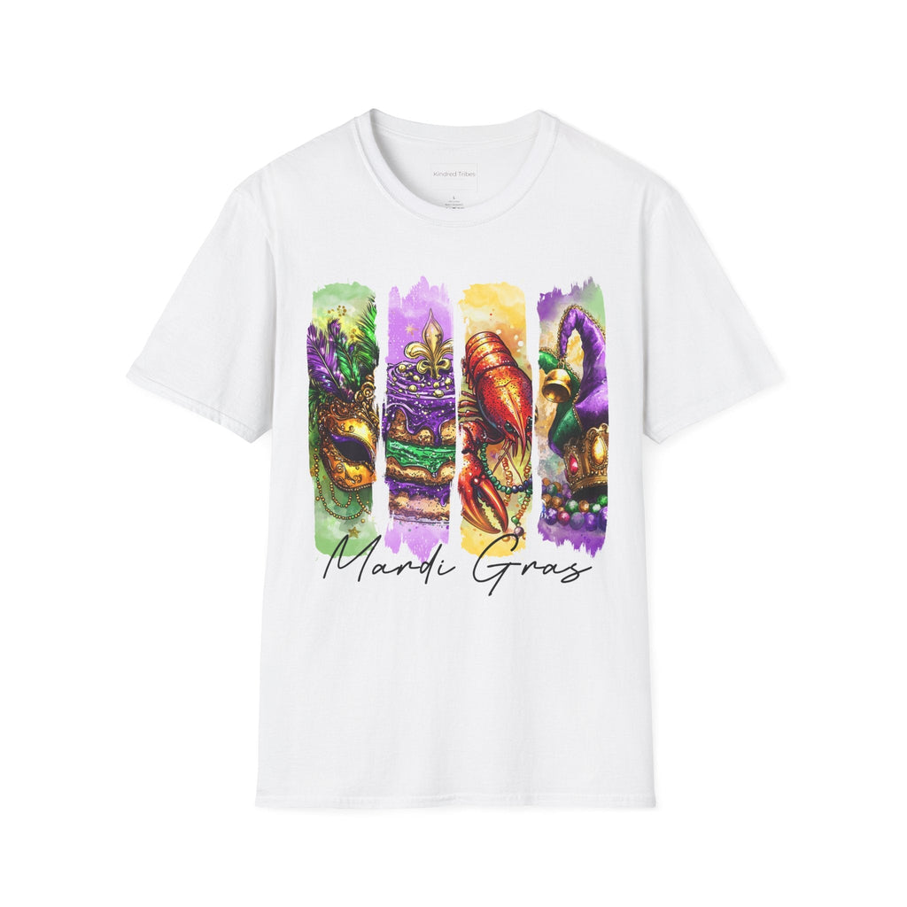 The Ultimate Mardi Gras Tee in White featuring a four-panel vertical graphic celebrating Mardi Gras. The panels, from left to right, depict an ornate golden masquerade mask on a green background, a purple-iced King Cake with a fleur-de-lis on a purple background, a vibrant red crawfish on a yellow background, and a jester's hat with colorful beads on a purple background. Below the panels, 'Mardi Gras' is written in elegant black script.