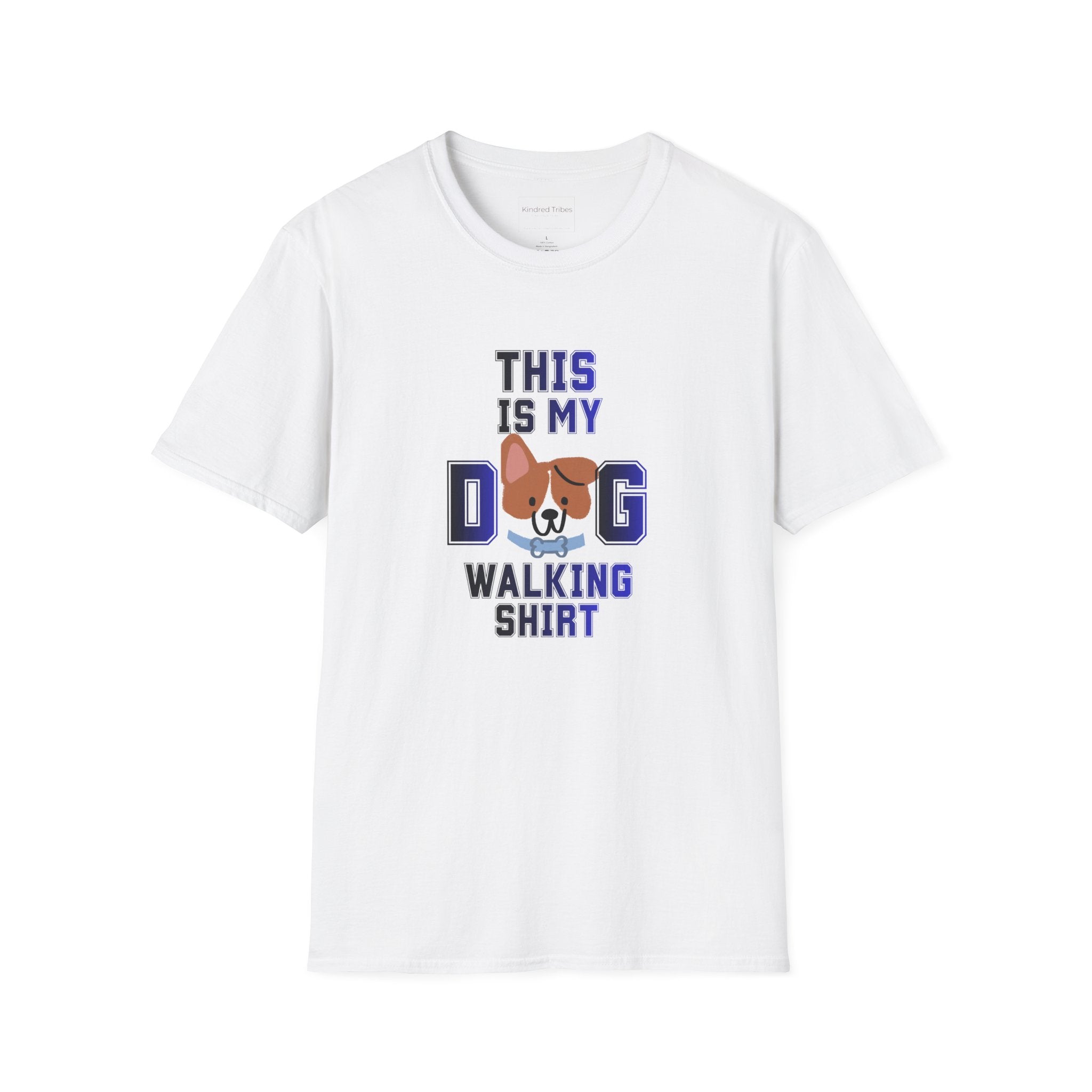 White t-shirt with a cute dog graphic and text that reads 'This Is My Dog Walking Shirt'.