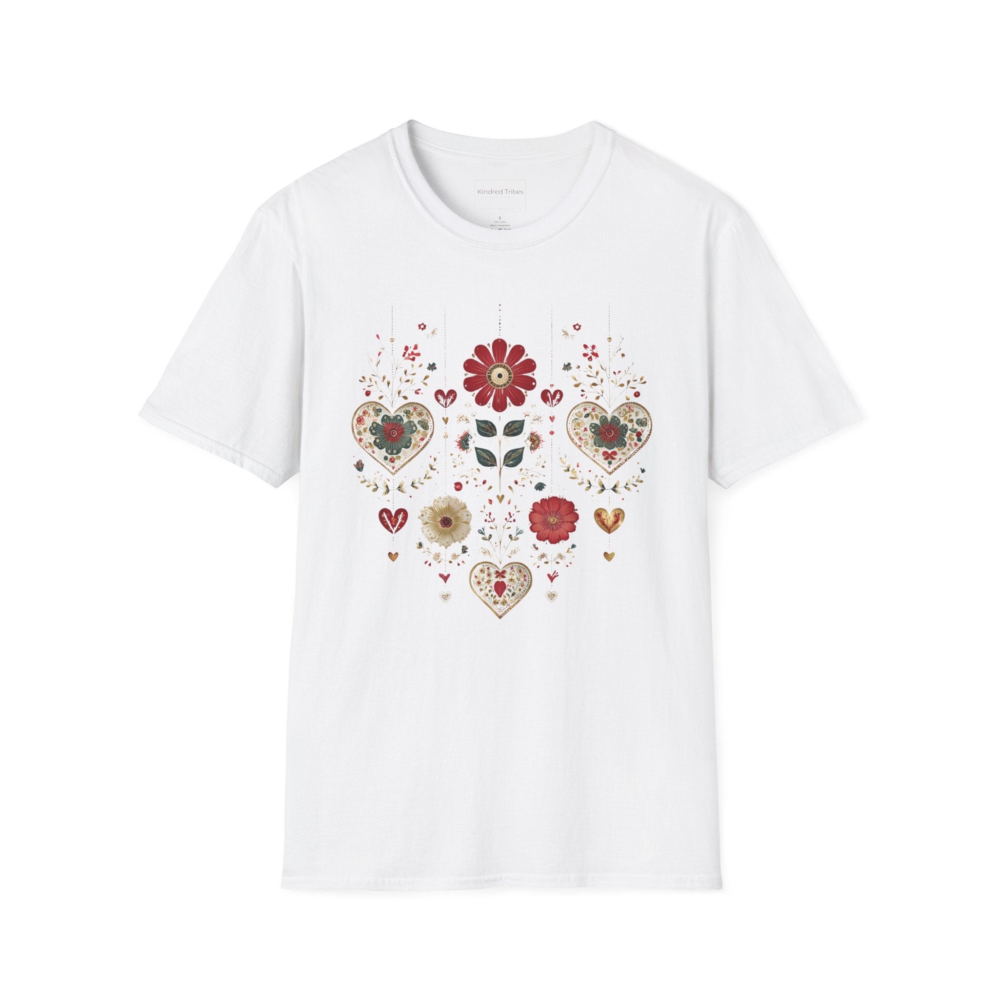 White Folk Art Hanging Hearts T-Shirt has a floral folk art design with artisanal hearts.