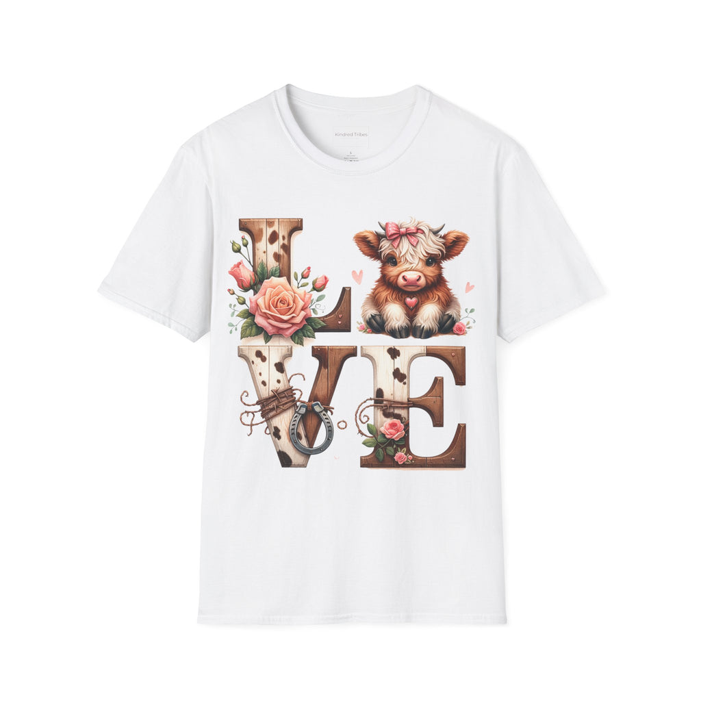 White t-shirt with a baby highland cow  and floral highlights around wooden and cow hide letters spelling 'LOVE'.