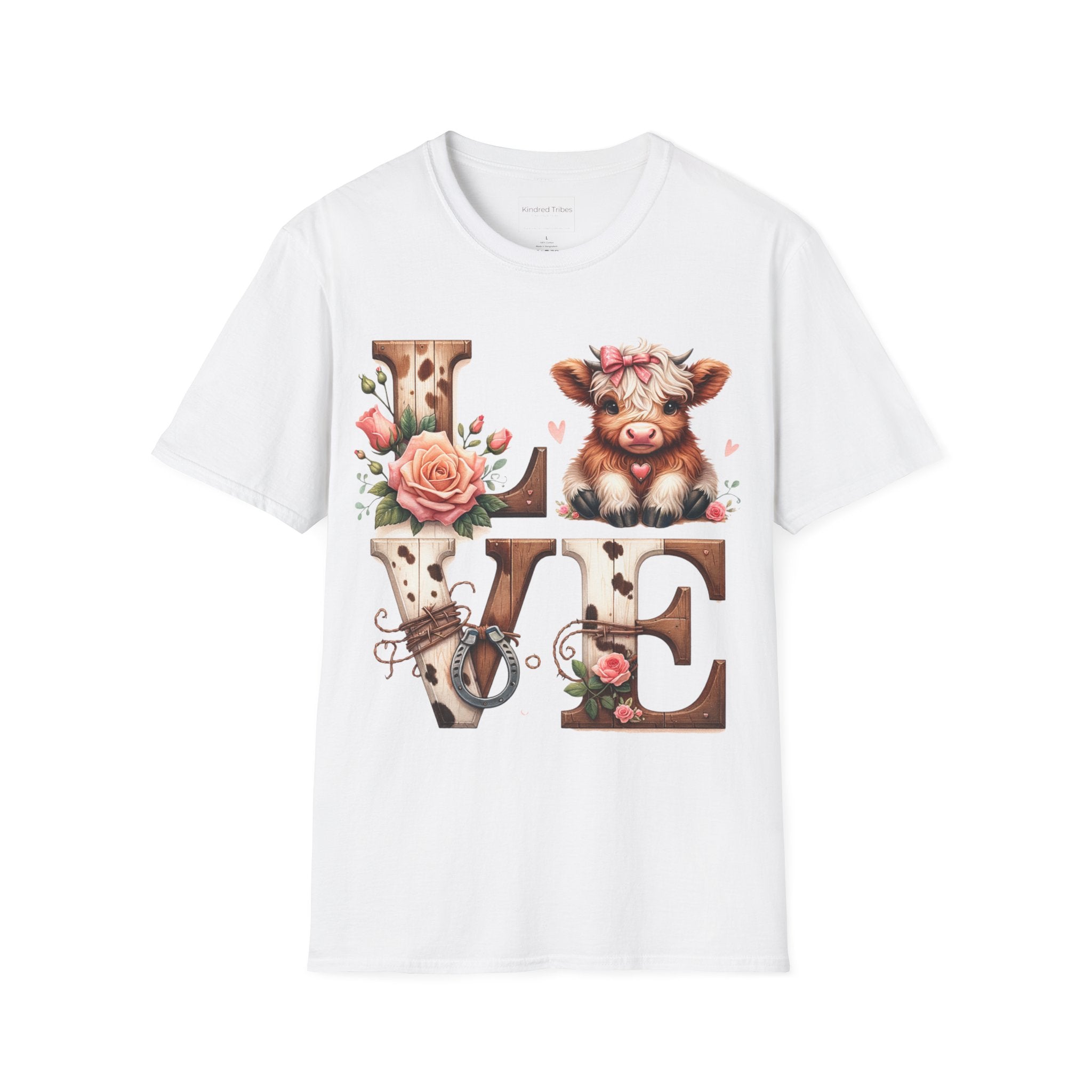 White t-shirt with a baby highland cow  and floral highlights around wooden and cow hide letters spelling 'LOVE'.