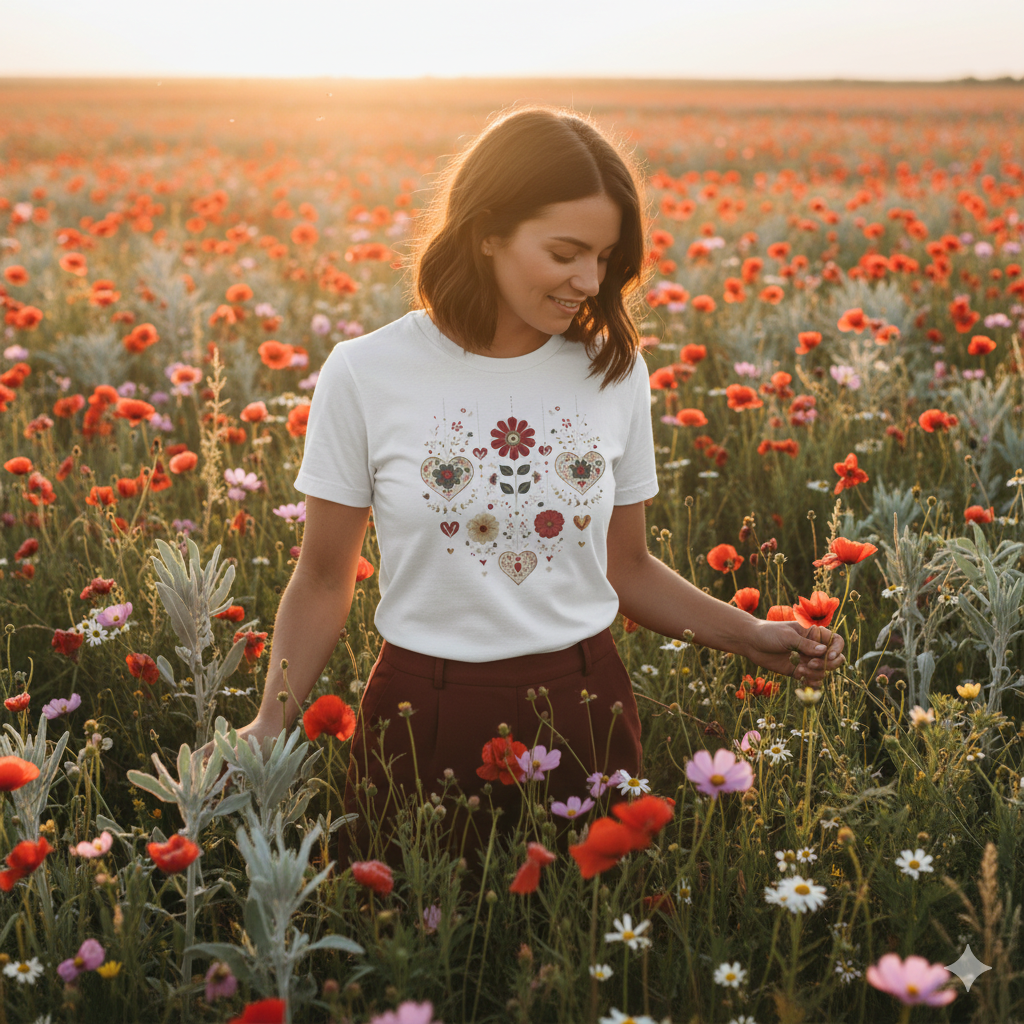 Woman standing in a field of flowers wearing a white Folk Art Hanging Hearts t-shirt with a floral folk art design with artisanal hearts.