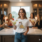 A group of woman standing around a kitchen island drinking margaritas and one of the women is wearing a white T-Shirt with a graphic Tequila bottle with a wilted rose in it, a shot glass with limes to the side, and text of Love Stinks, Let's Drink under it. 