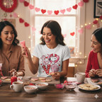 Three women at a table making Valentine's Day cookies with heart decorations and one of the women is wearing a white Snoopy Love Heart-to-Heart T-Shirt with the letters L-O-V-E on it with pink and red hearts and the letter O is a heart with Snoopy in it. 