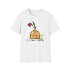 White Love Stinks Let’s Drink Anti-V Day Tee with a graphic Tequila bottle with a wilted rose in it, a shot glass with limes to the side, and text of Love Stinks, Let's Drink under it. 