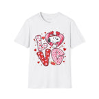 White Snoopy Love Heart-to-Heart T-Shirt with the letters L-O-V-E on it with pink and red hearts and the letter O is a heart with Snoopy in it. 