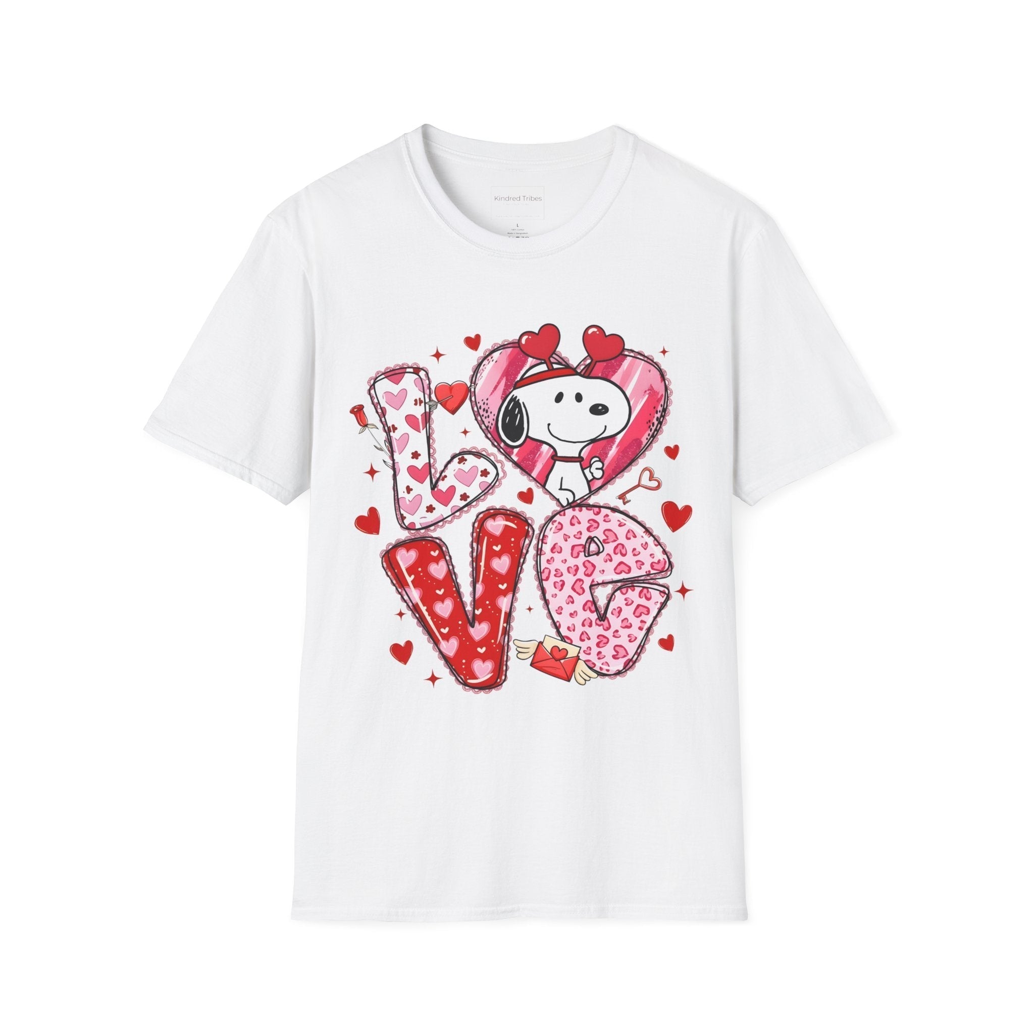 White Snoopy Love Heart-to-Heart T-Shirt with the letters L-O-V-E on it with pink and red hearts and the letter O is a heart with Snoopy in it. 