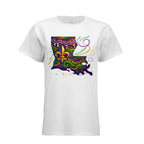 A vibrant graphic Louisiana Carnival T-Shirt featuring the silhouette of the state of Louisiana filled with an intricate Mardi Gras design. The map is decorated with swirls of royal purple, emerald green, and shimmering gold, including a large golden fleur-de-lis, festive beads, and a white dripping icing effect. The design is presented on a white semi-fitted women's cotton tee.