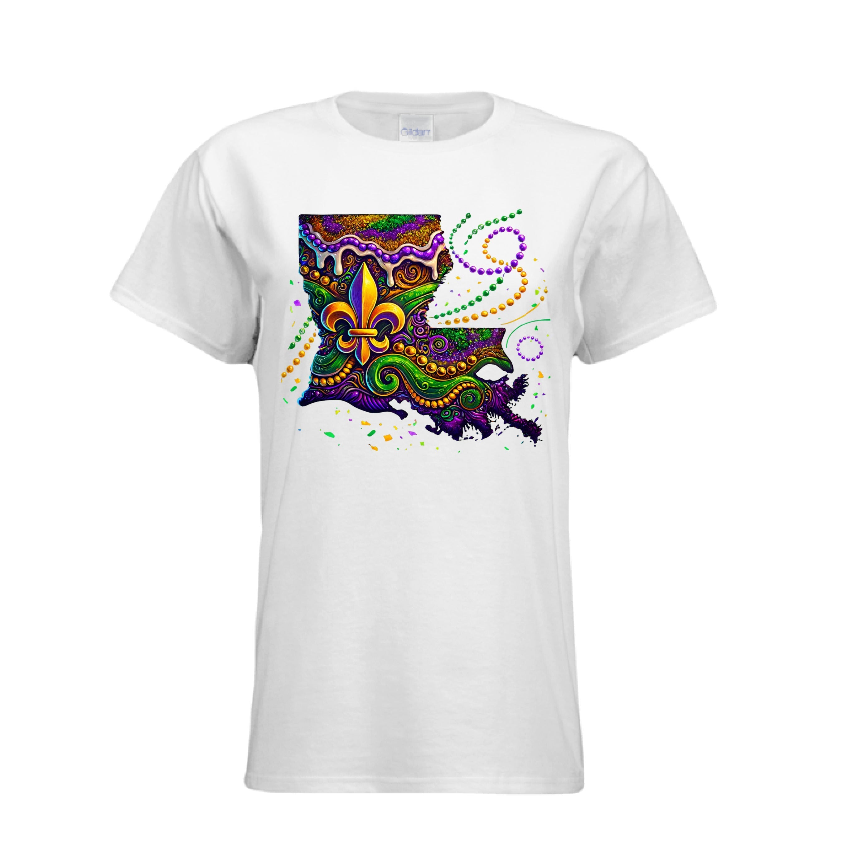 A vibrant graphic Louisiana Carnival T-Shirt featuring the silhouette of the state of Louisiana filled with an intricate Mardi Gras design. The map is decorated with swirls of royal purple, emerald green, and shimmering gold, including a large golden fleur-de-lis, festive beads, and a white dripping icing effect. The design is presented on a white semi-fitted women's cotton tee.