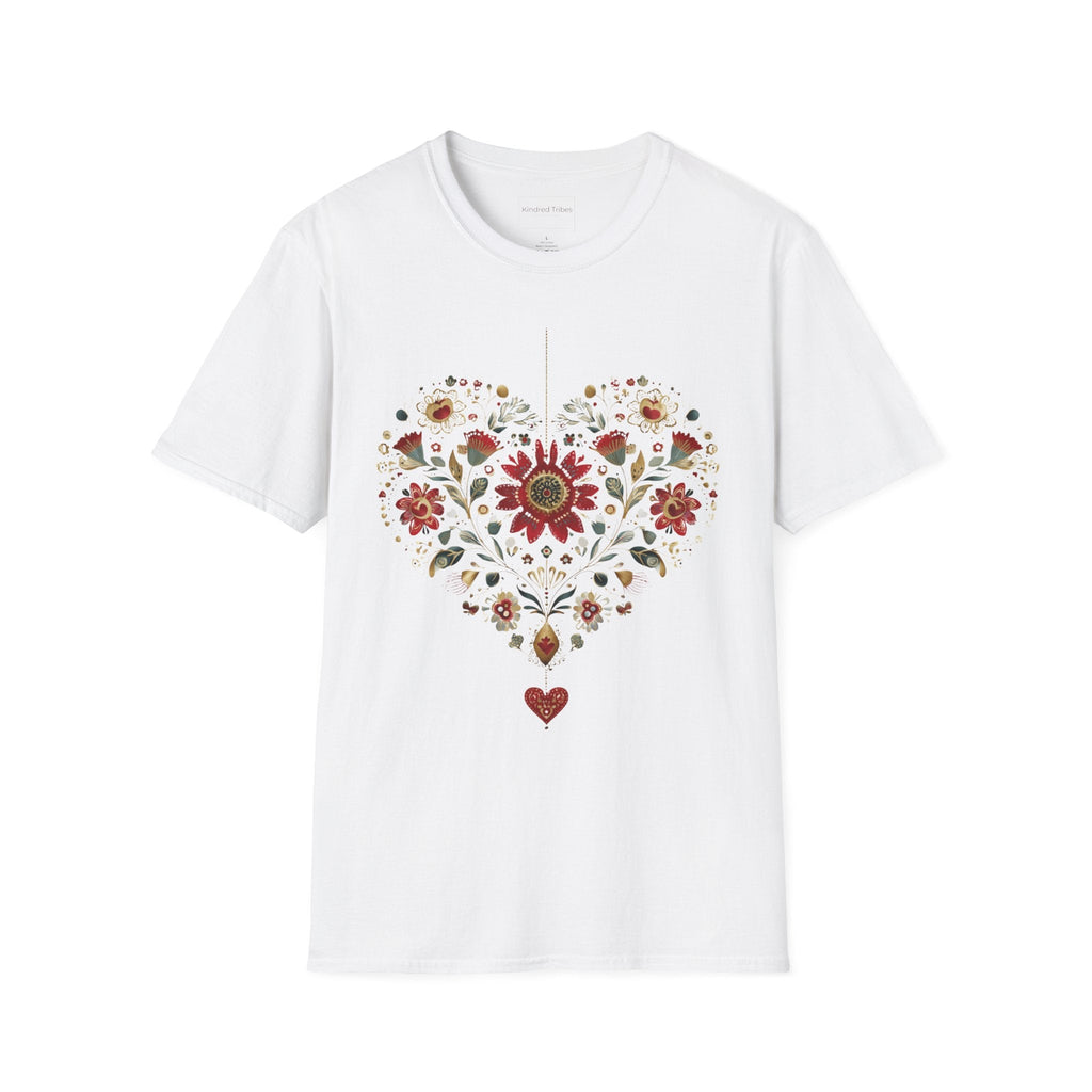 White Heritage Heart Bloom T-Shirt features a heart shaped with beautiful crimson, sage, blue and tan folk art florals.

