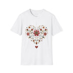 White Heritage Heart Bloom T-Shirt features a heart shaped with beautiful crimson, sage, blue and tan folk art florals.

