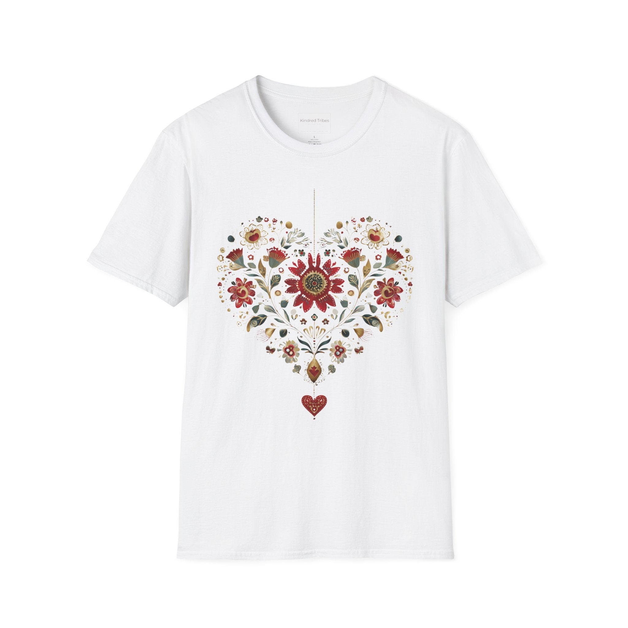 White Heritage Heart Bloom T-Shirt features a heart shaped with beautiful crimson, sage, blue and tan folk art florals.

