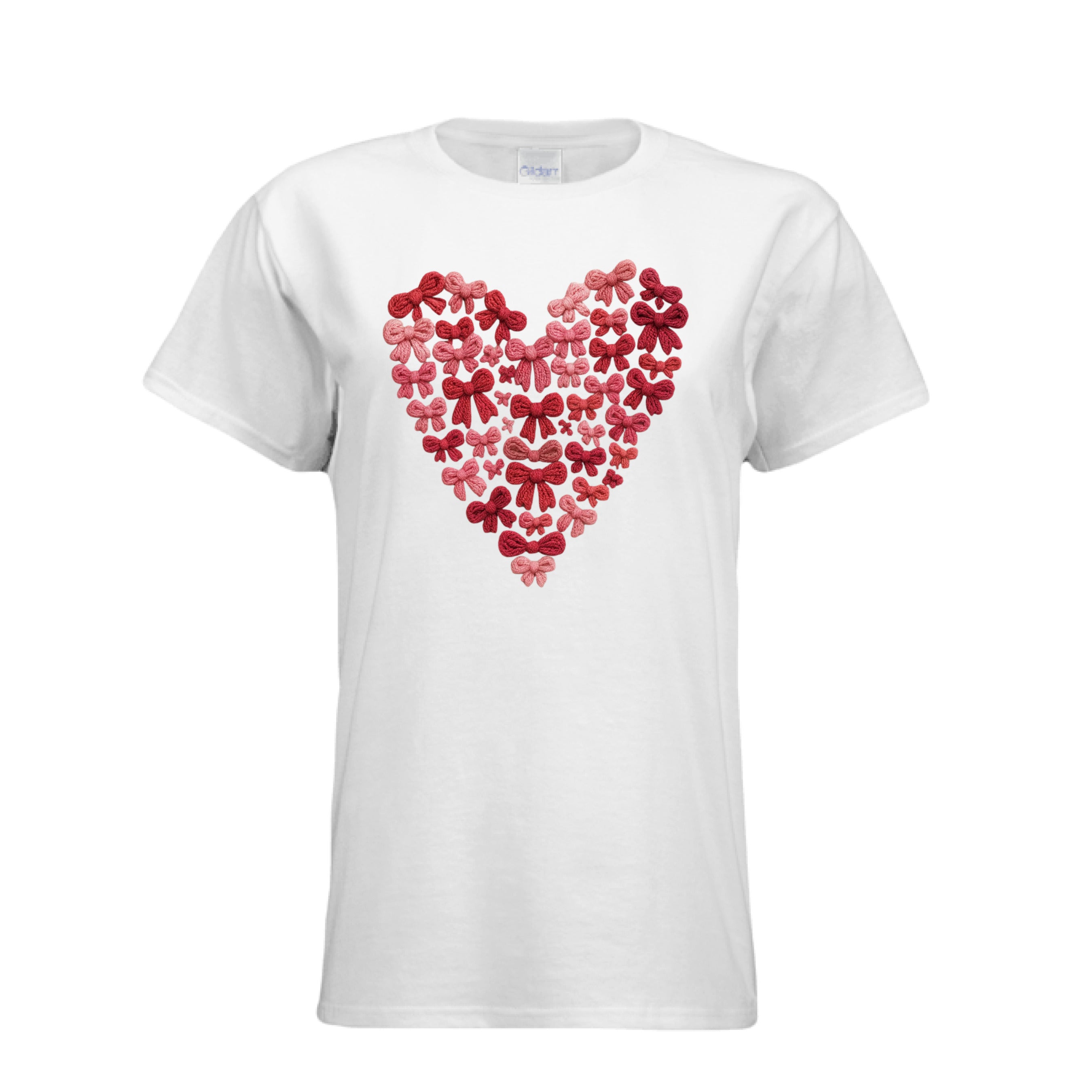 White Knitted Hearts Coquette Bow Tee with a red heart made out of little bows that appear to be made out of yarn. 