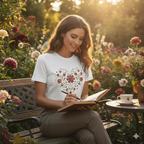 Woman sitting on a bench in a garden, writing in a journal, wearing the Heritage Heart Bloom Tshirt, which features a heart shaped by crimson, blue, sage and tan folk art styled florals.
