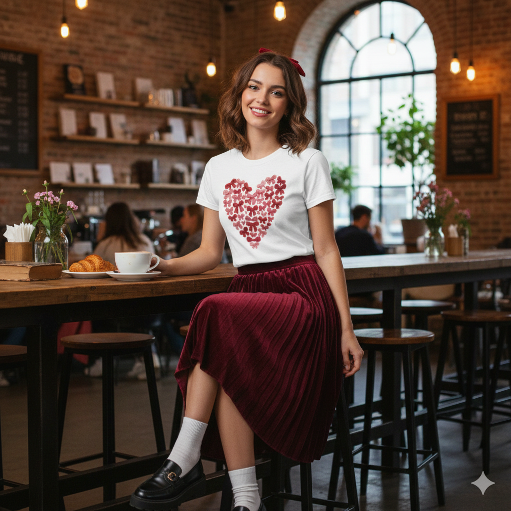 Woman sitting at a table in a cozy café wearing a white Knitted Hearts Coquette Bow Tee with a red heart made out of yarn bows graphic design.