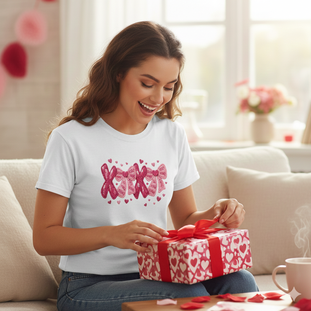 Woman opening Valentine's gift and wearing the White XOXO Coquette Knitted Bows Tee with its unique yarn-textured "Hugs & Kisses" design on a fitted cotton t-shirt. 