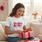 Woman opening Valentine's gift and wearing the White XOXO Coquette Knitted Bows Tee with its unique yarn-textured "Hugs & Kisses" design on a fitted cotton t-shirt. 