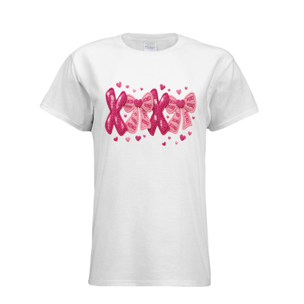 White Womens XOXO Coquette Knitted Bows Tee is a unique yarn-textured "Hugs & Kisses" design on a fitted cotton t-shirt. 