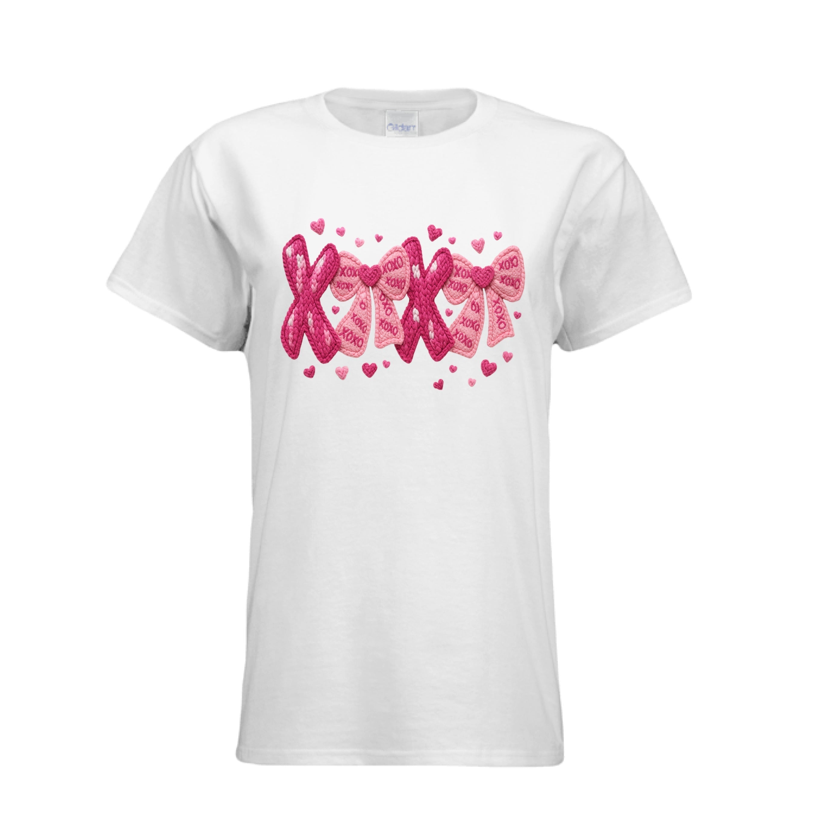 White Womens XOXO Coquette Knitted Bows Tee is a unique yarn-textured "Hugs & Kisses" design on a fitted cotton t-shirt. 