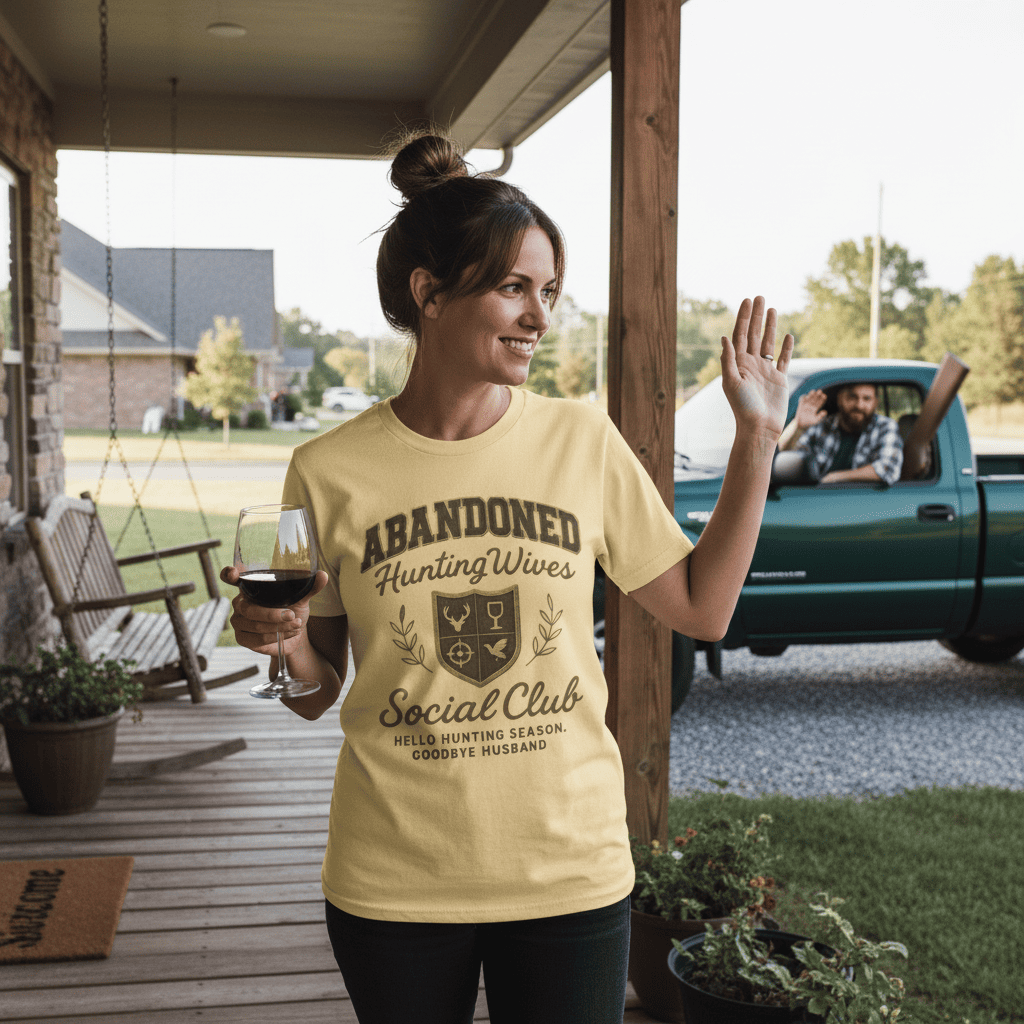 Woman waving goodbye to her hunter husband wearing the Abandoned Hunting Wives Social Club Tshirt - Yellow Haze