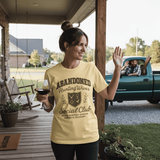 Woman waving goodbye to her hunter husband wearing the Abandoned Hunting Wives Social Club Tshirt - Yellow Haze