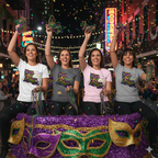 Four women celebrating Mardi Gras with confetti and masks in a vibrant Bourbon street setting. All wearing the Louisiana Carnival T-Shirt featuring the silhouette of the state of Louisiana filled with an intricate Mardi Gras design. The map is decorated with swirls of royal purple, emerald green, and shimmering gold, including a large golden fleur-de-lis, festive beads, and a white dripping icing effect.