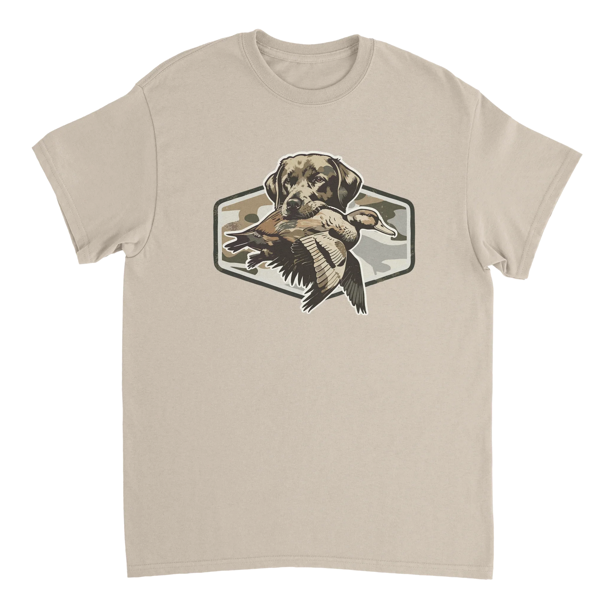 Beige Duck Hunter's T-Shirt featuring a hunting dog holding a duck graphic with camo background.