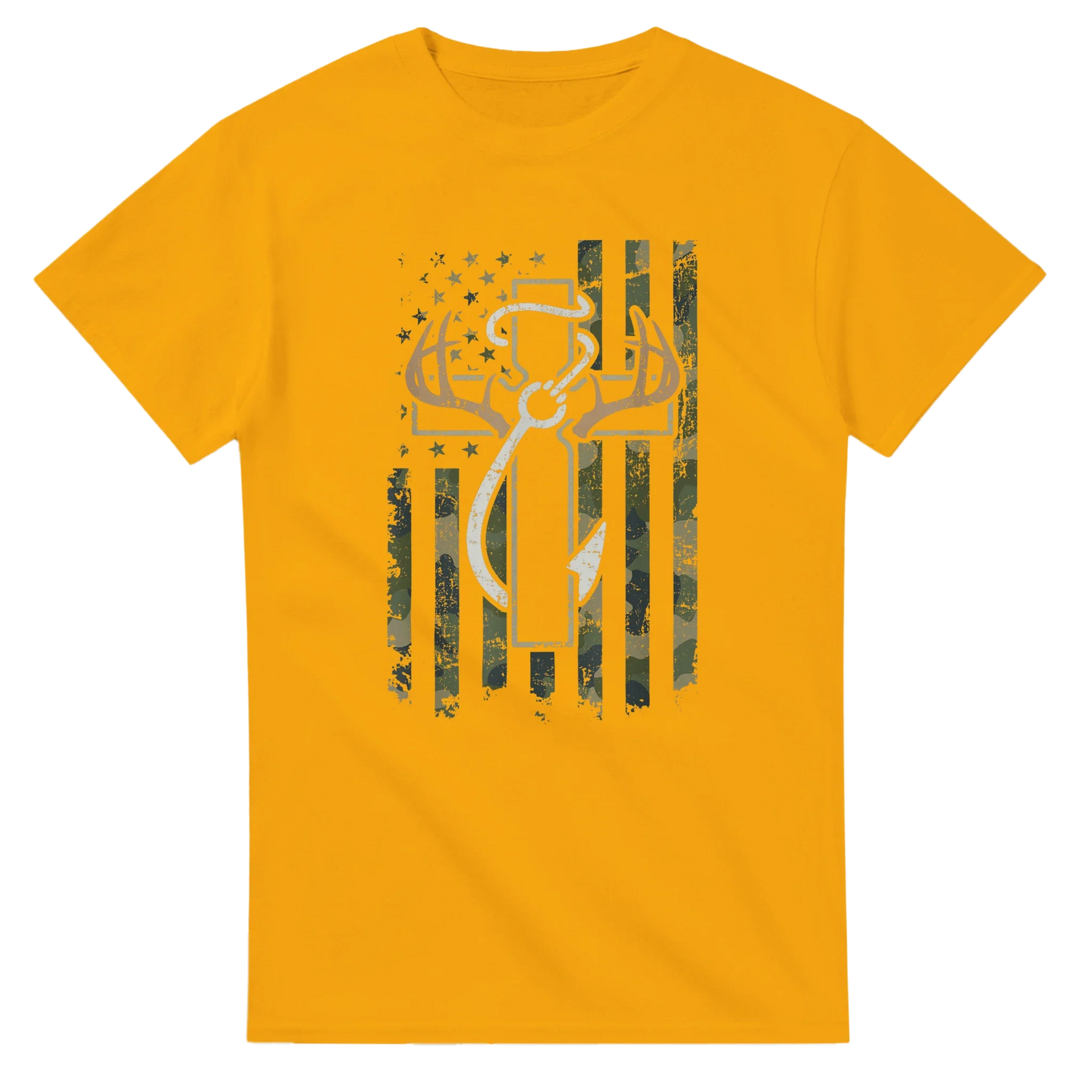 Yellow Patriotic Hunting Fishing Faith T-Shirt with camouflage deer and American flag design