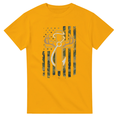 Yellow Patriotic Hunting Fishing Faith T-Shirt with camouflage deer and American flag design