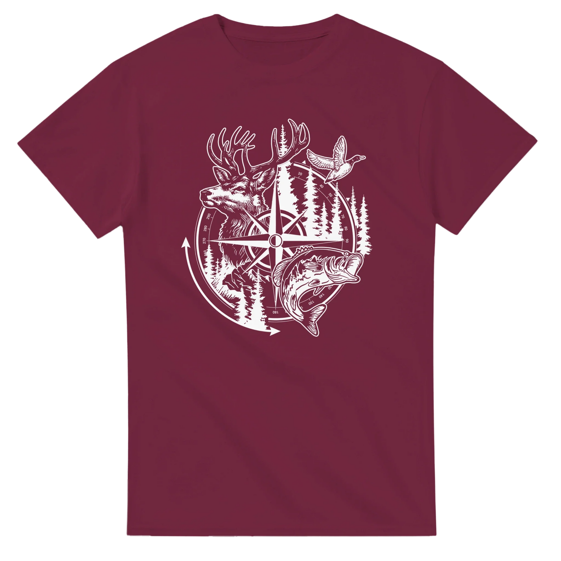 Big Buck Adventure T-Shirt with outdoor design featuring a deer, bass, duck, and compass on maroon cotton fabric